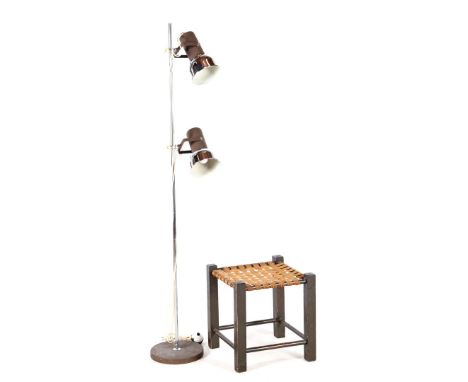 1970s 2-light floor lamp, 164 cm high and wooden stool