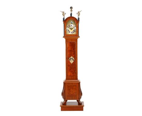 Warmink longcase watch with openwork decoration, blackened half-full columns and moon phase, in walnut veneer case, standing 