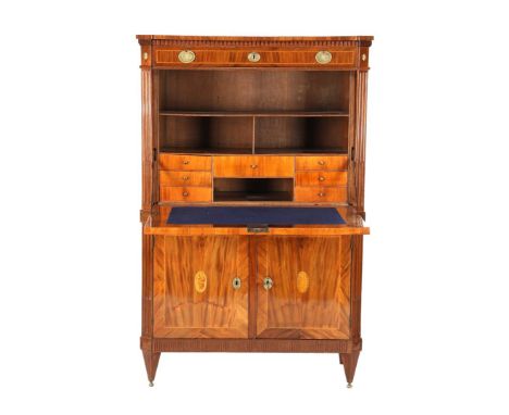 Mahogany veneer on oak flap desk with marquetry inlay of shells and bands, blocks under hood and fluted beveled corners, Loui