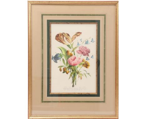 French color lithograph in frame, Composition Variée de fleurs, 42x28 cm, outer size is 73x57 cm