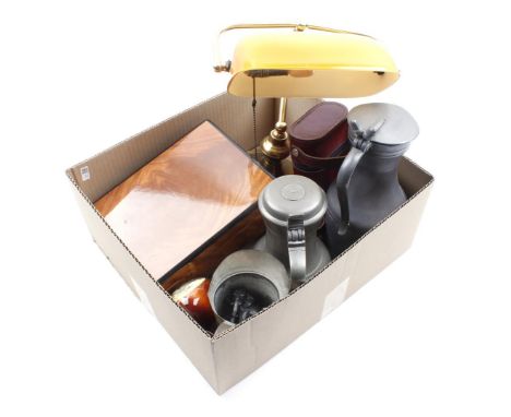 Box with copper notary lamp with yellow/brown glass shade, pewter pitchers, beautiful wooden humidor, glass bottles in leathe