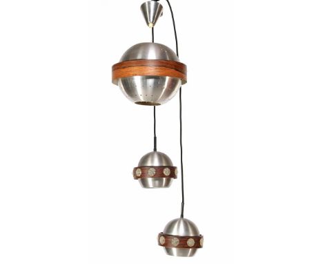 2 Hakro aluminum hanging lamps with ornate brown rings with plastic ornaments, 1960s, 104 cm and 110 cm high, 18 cm diameter 