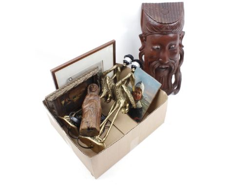 Box various Wed. wooden mask of a Chinese man, 2 lamps in the shape of cranes, wall decorations incl. panel and antique woode