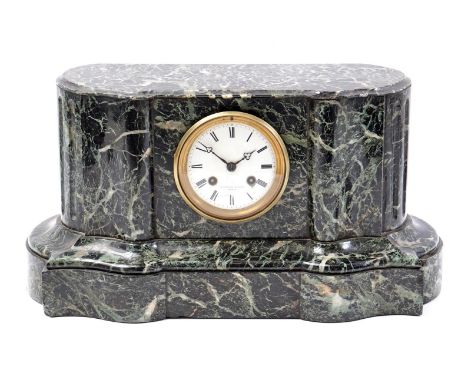 Green marble mantel clock with address Marshall &amp; Fils Paris on dial, 22 cm high, 42 cm wide (damage on edges)