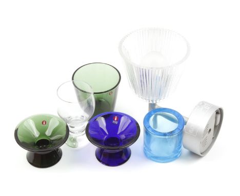 Box with wall lamp, marked Flos Romeo Babe W, 4 pieces of colored glassware marked IIttala Finland and clear glass marked Kos