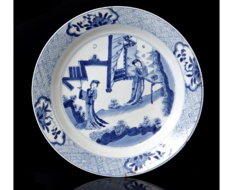 Porcelain dish with blue and white decor of long lines, Chenghua marked, China Kangxi period, 21 cm diameter (hairline)