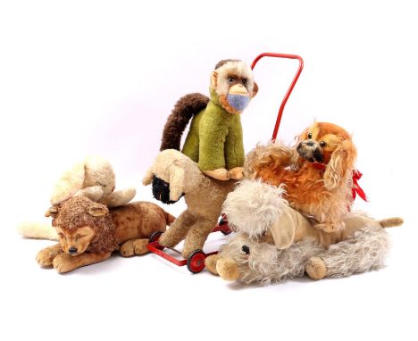 6 animal cuddly toys, including marked Steiff, 2 dogs, 20 cm and 22 cm high, rabbit, 14 cm high, lion, 17 cm high, monkey 25 