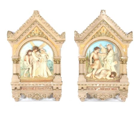 2 plaster wall plaques from the Stations of the Cross series, numbers 6 and 9, titled Veronica wipes Jesus' face and Jesus fa