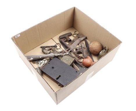 Box various Wed. spearheads, tools, antique lock with various keys, African tools and smoking utensils