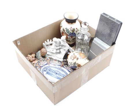 Box with Holmegaard Castrup Glass Danish glass squeeze bottle, a design by Jacob E Bang, 2 Flora Gouda pottery vases, biscuit