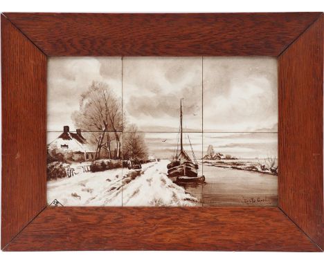 With signature L. Apol, tile tableau of sailing boat in river near farm, frame 45x61 cm