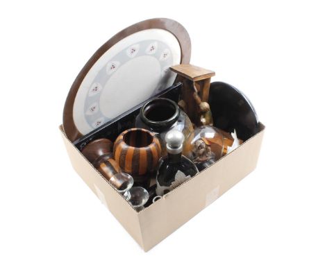 Box various Wed. bronze statue on marble base, porcelain dish with copper frame, Japanese lacquer plaque, 2 wooden tobacco ja