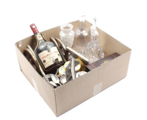 Box with crystal, wooden spoon box with marquetry decoration, Westraven earthenware coasters, Courvoisier cognac in holder, c