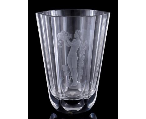 Nils Landberg (1907-1991)Glass vase with engraved decoration of naked woman with bowl of fruit, signed on the bottom Nils Lan