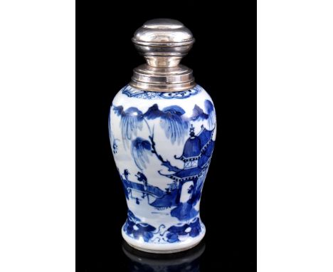 Porcelain tea caddy with landscape decoration and temple, China Qianlong period, with silver cap, 15 cm high