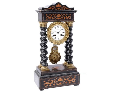 Column mantel clock in blackened case with twisted columns and marquetry inlay, dial marked C. Detouche Ft 228 &amp; 230 Rue 