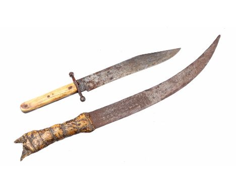 Dagger with bone handle and metal blade in leather sheath, 35 cm long and dagger with metal tooled blade and handle made of o
