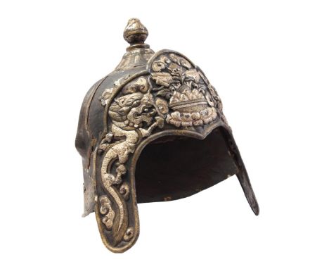 Metal oriental helmet with dragon decor, pattern in the bottom edge and various riveted ornaments, after an antique model, 30