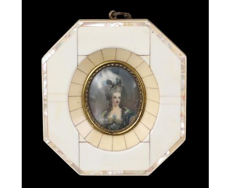 Unclear signed, miniature portrait of lady in plastic and mother-of-pearl frame, 11 x 10 cm