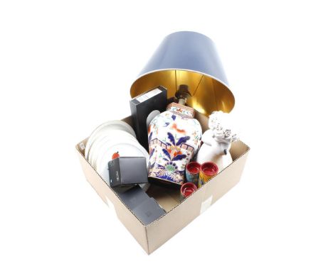 Box with oriental porcelain table lamp base with plastic shade, porcelain plates with funny decor, Nespresso Origin porcelain