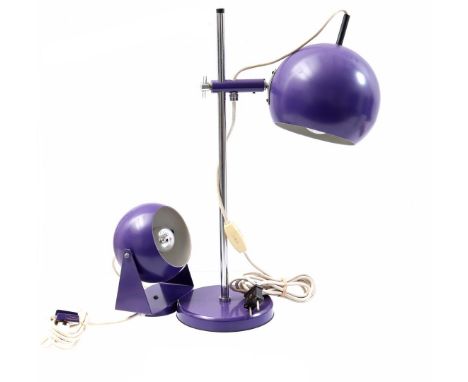 Purple metal wall and table lamp with sphere, presumably Herda, Netherlands 1970s, highest 48 cm