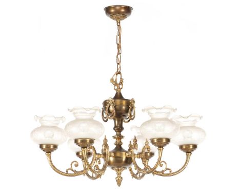 Copper classic 6-light hanging lamp with glass shades with etched decor, 79 cm high, 75 cm diameter