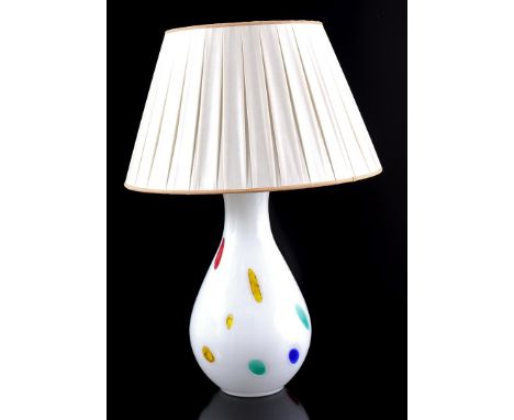Opaline lamp with polychrome decor and upholstered shade, possibly design Dino Martens for Murano, second half 20th century