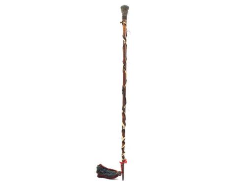 Wooden walking stick with braided fabric and metal knob decorated with people and inscription 'Reserve Hatruh' and 'Parole He