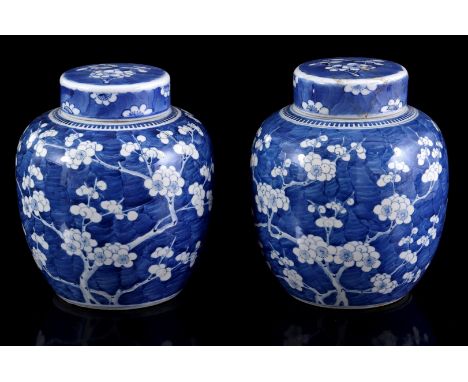 2 porcelain ginger legs with blue and white 'prunus' decor, Kangxi marked, China 19th century, 21 cm high (1 lid glued)
