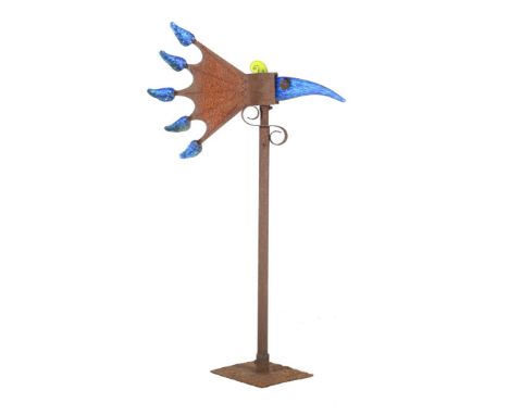 Metal 'wind vane' of a bird with Borowski glass, Germany late 20th century, 113 cm high (glass partly glued)