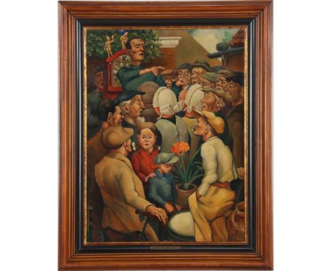 Indistinctly signed, inspired by Charley Toorop, "The Auctioneer". Scene of a man selling a Frisian tail clock to the highest