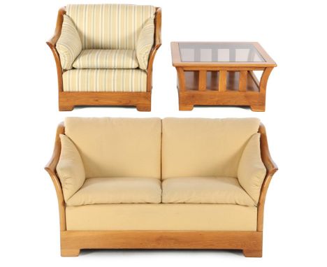 Marked Mobil Girgi, oak lounge armchair with striped upholstery, 92 cm wide, 2-seater sofa with yellow upholstery, 144 cm wid