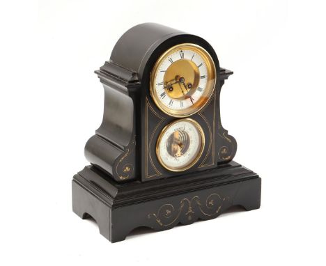 Black marble mantel clock with gold-coloured decoration on the front, with movement and barometer, 33 cm high, 30 cm wide (gl