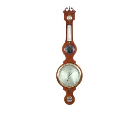 Banjo barometer in mahogany veneer case, England 19th century, 114 cm high (piece of veneer missing on the side)
