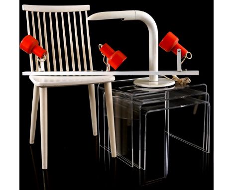 Lot mid-century b.u. 3-part pleziglass mimiset, desk lamp, 3 light wall or ceiling lamp and white lacquered bar chair