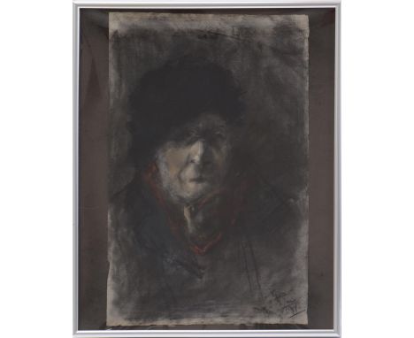 Indistinctly signed, portrait of a person with a black cap, crayon dated 1894, 48x31 cm