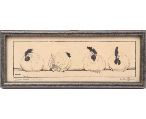 Anton Pieck (1895-1987)4 chickens on a stick, woodcut own print, with addition "for Tonny", 6.5 x 19.5 cm