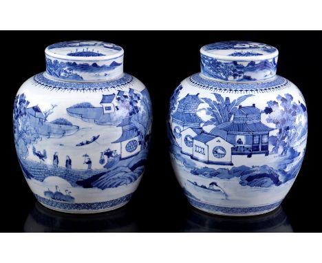 2 porcelain lidded pots with blue and white decor of Chinese landscape all around in which pagodas, fishing boats, figures on