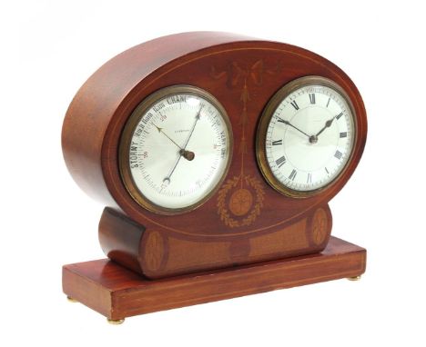 Table clock with barometer in walnut case with marquetry decoration in front of bow, wreath, flower and rosettes, England Liv