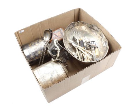 Box various silver plated Wed. Gero cutlery, tea canisters with engraved decor of garlands, Sola KLM cutlery and footed bowl 