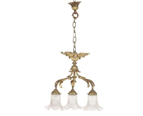 Classic gold-coloured brass 3-light hanging lamp with glass chalices, 87 cm high