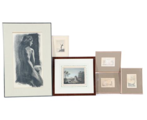 6 various wall decorations b.u..4 etchings signed Anton Hobbe and signed indistinctly, engraving 'the Ruined Temple', and lit
