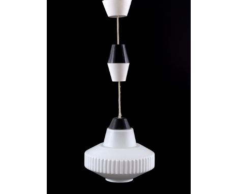 Louis Christiaan Kalff (1897-1976)Ribbed milk/opaline glass hanging lamp with black plastic accents, design Louis Kalff for P