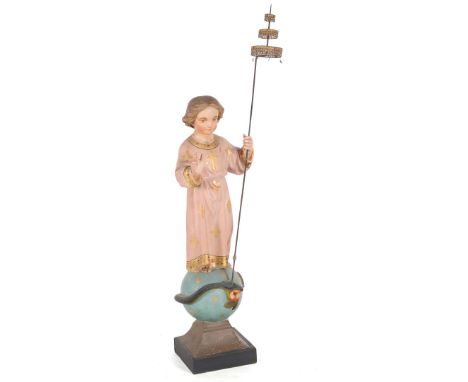 Plaster statue of a saint standing on a globe with a staff through a snake, a total of 127 cm high