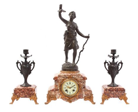 3-piece zamak mantel clock set on a marble base with a person depicting the Roman goddess of the hunt Diana, marked Rousseau,