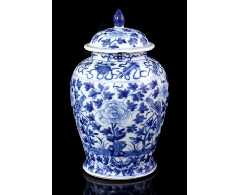 Porcelain lidded jar with blue and white decor of birds and butterflies in floral decor with a rim of various taoist symbols 