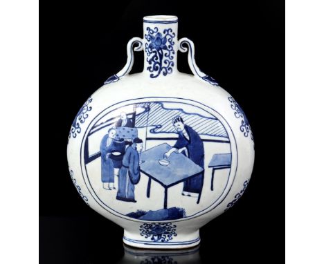 Porcelain moon vase with a blue and white decoration of men with gifts from a sage on one side and the other side with a deco