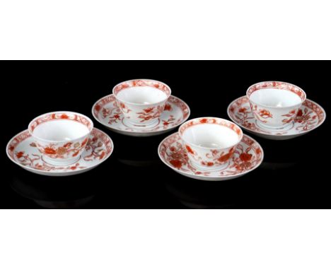 4 eggshell porcelain milk and blood cups and saucers with floral decor, China Kangxi period (various damage including hairlin