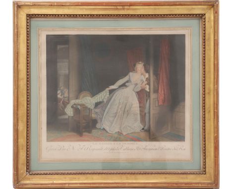French color lithograph in frame, Le baiser a la derobée, 36x46, outer size is 62x68 cm