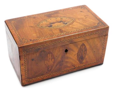 A George III mahogany inlaid and cross banded tea caddy, the top decorated with a shell paterae, the sides with Prince of Wal
